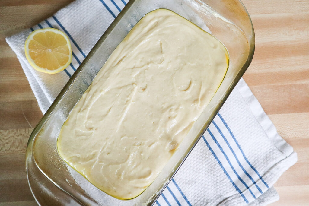 sourdough lemon batter in a pan