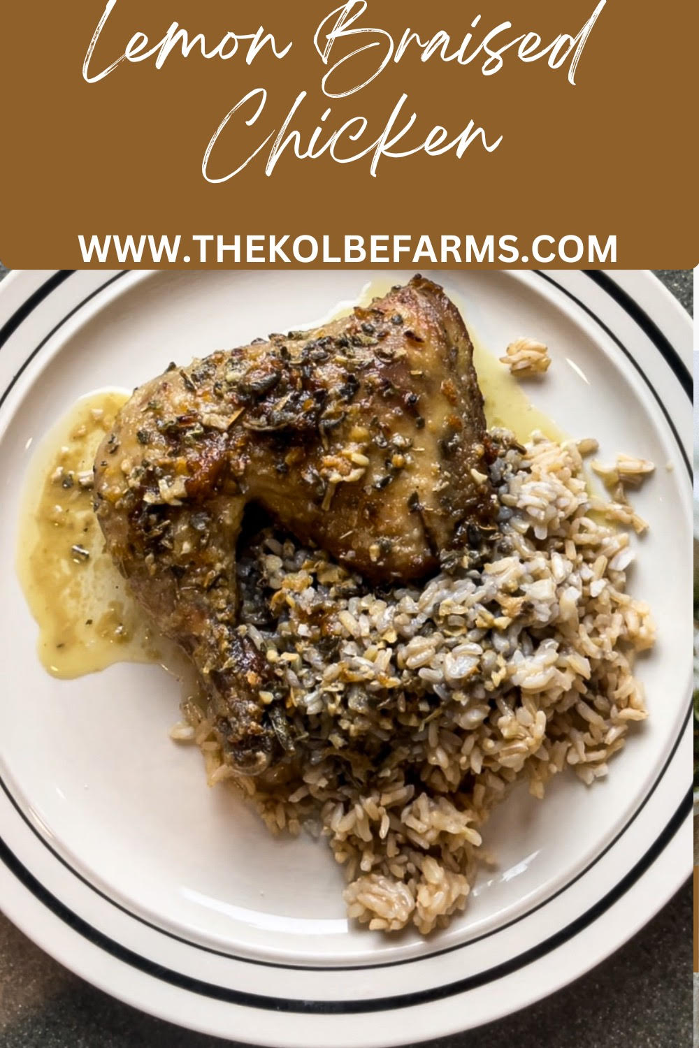 lemon braised chicken over rice on a plate PIN